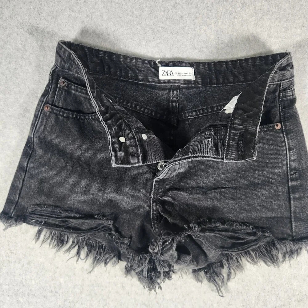 Zara Washed Black Distressed Mid Rise Button Fly Denim Shorts Size 4 - Picture 3 of 8